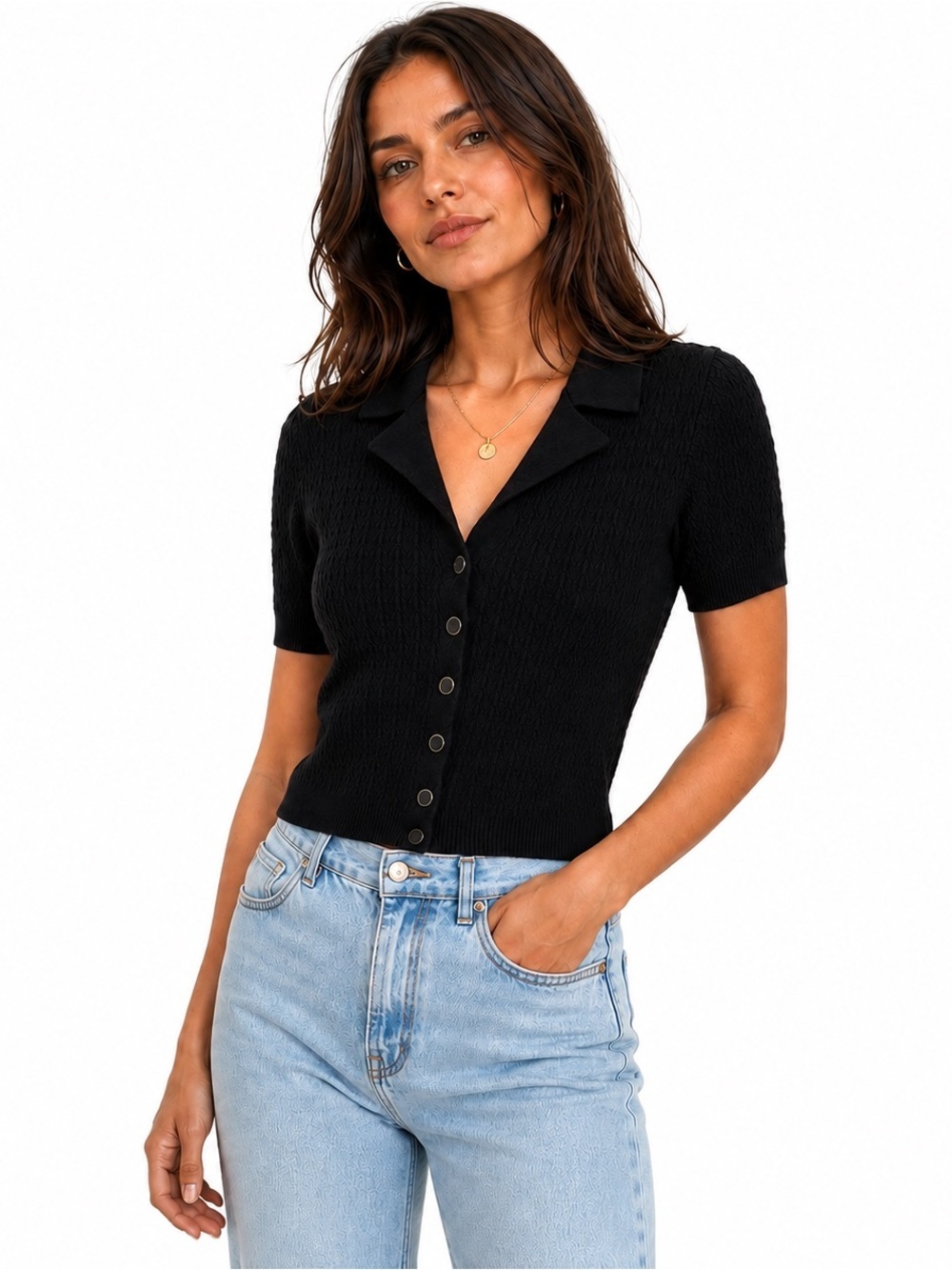 Gaâla Paris Black Short-Sleeve Button Front Knit Top Size 2